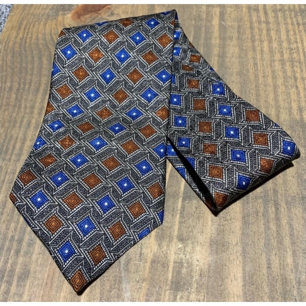 Ferrell Reed Silk Tie Geometric Diamond Blue Brown Vintage Retro Preppy